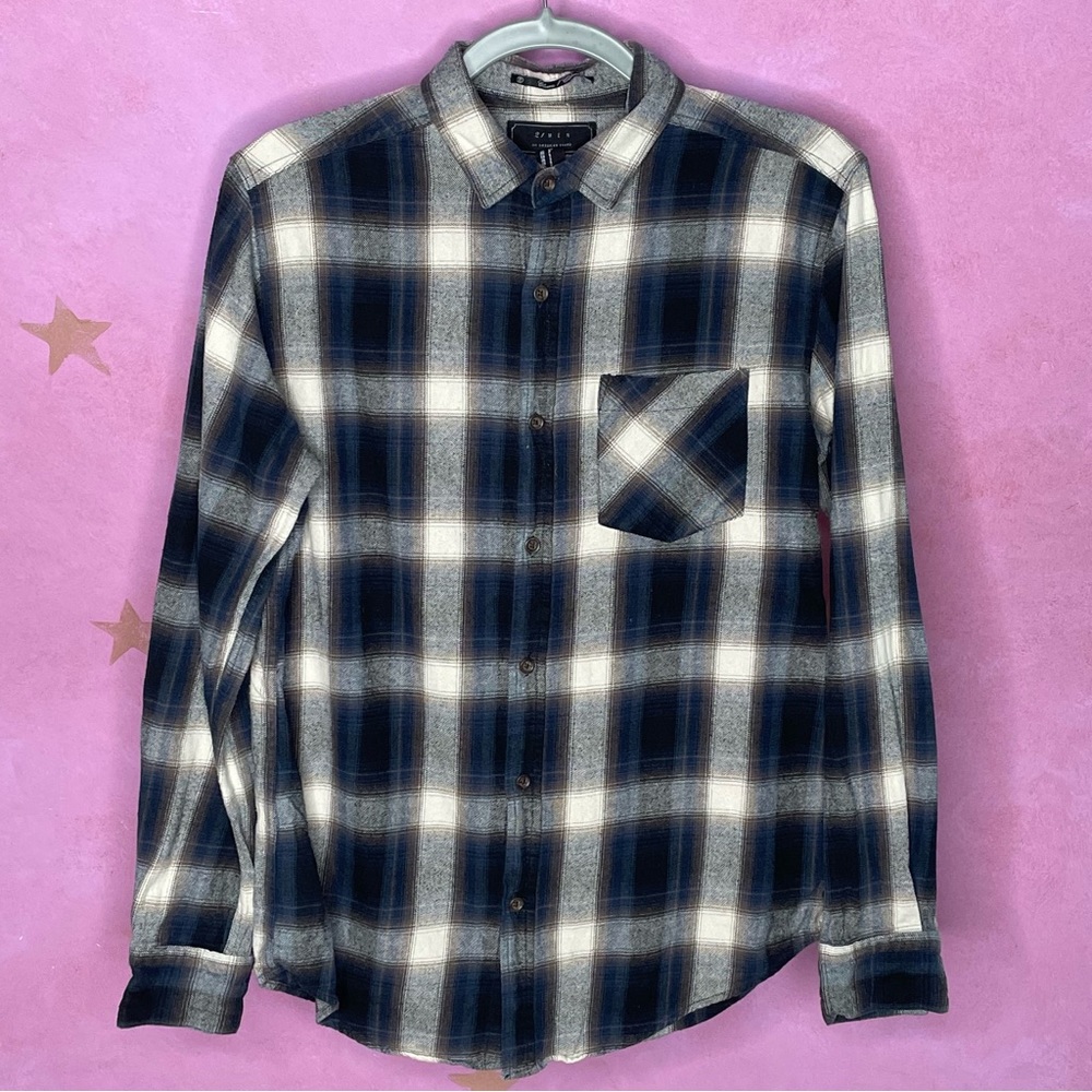 21 Men Blue Grey Button Down Flannel Shirt Men’s Size Small